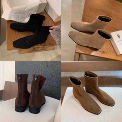 葡萄妈studiolee 韩系复古方头绒面百搭粗跟增高瘦瘦短筒靴女秋冬