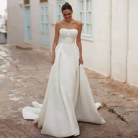 欧美抹胸婚纱礼服2025新款高端宴会T台走秀收腰显瘦小拖尾连衣裙