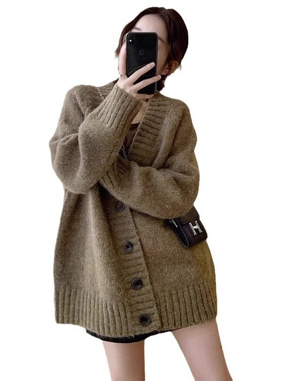 韩版大毛衣外套女秋冬加厚慵懒风中长款纯色针织开衫宽松大码外搭|undefined