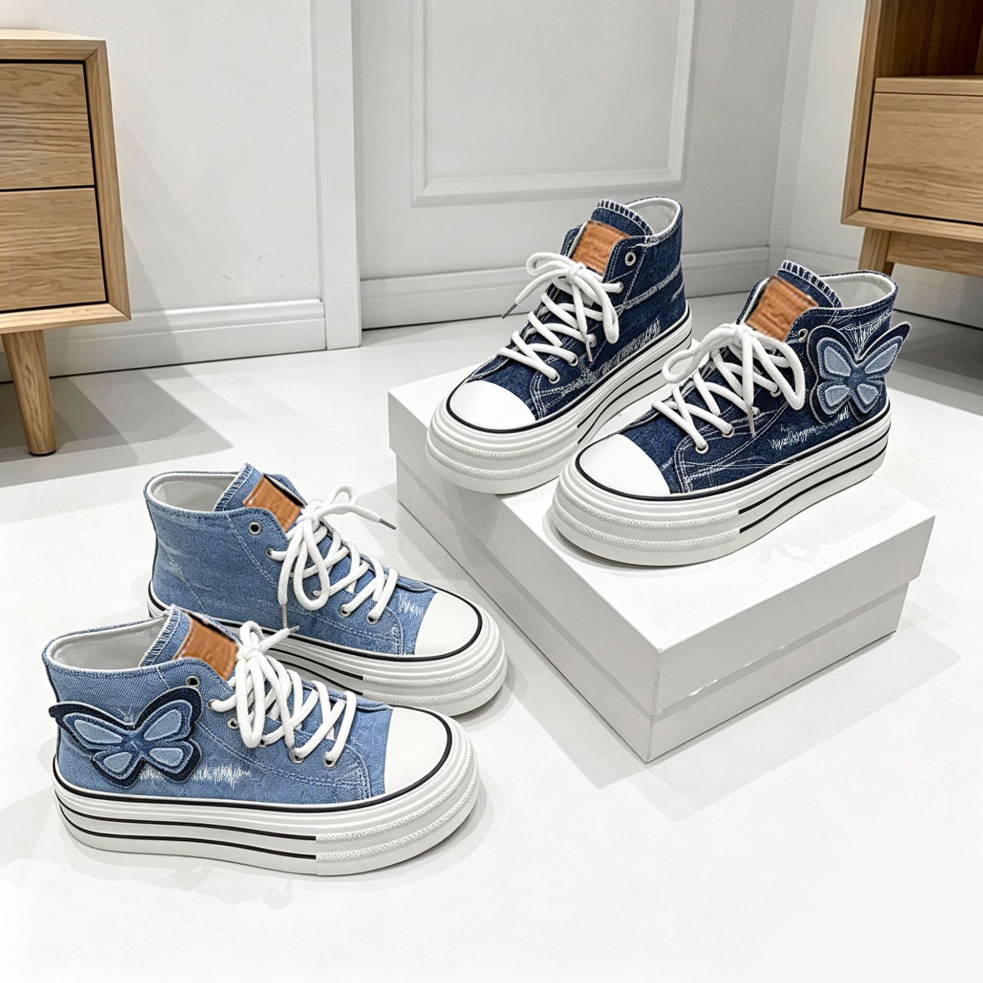 高帮韩版帆布鞋外贸2025秋季新款时尚可爱厚底鞋蝴蝶休闲系带单鞋