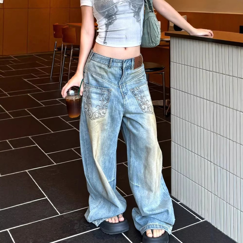 American High Street Design Personalized Embroidered Jeans for Women Summer Distressed Mud-Dyed Reverse Pocket Floor-Length Trousers Trendy