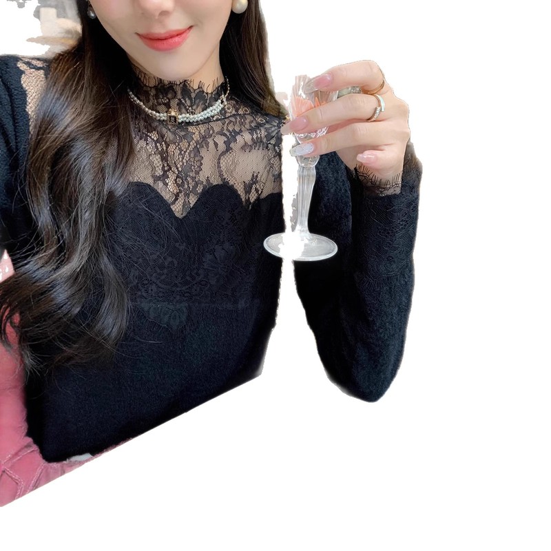鱼兔子的兔子蕾丝拼接水貂毛毛衣女2025年秋冬白色上衣内搭打底衫|undefined