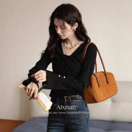 鹿向南「星芒缀衣」黑色正肩针织衫女秋季新品设计感长袖上衣T恤