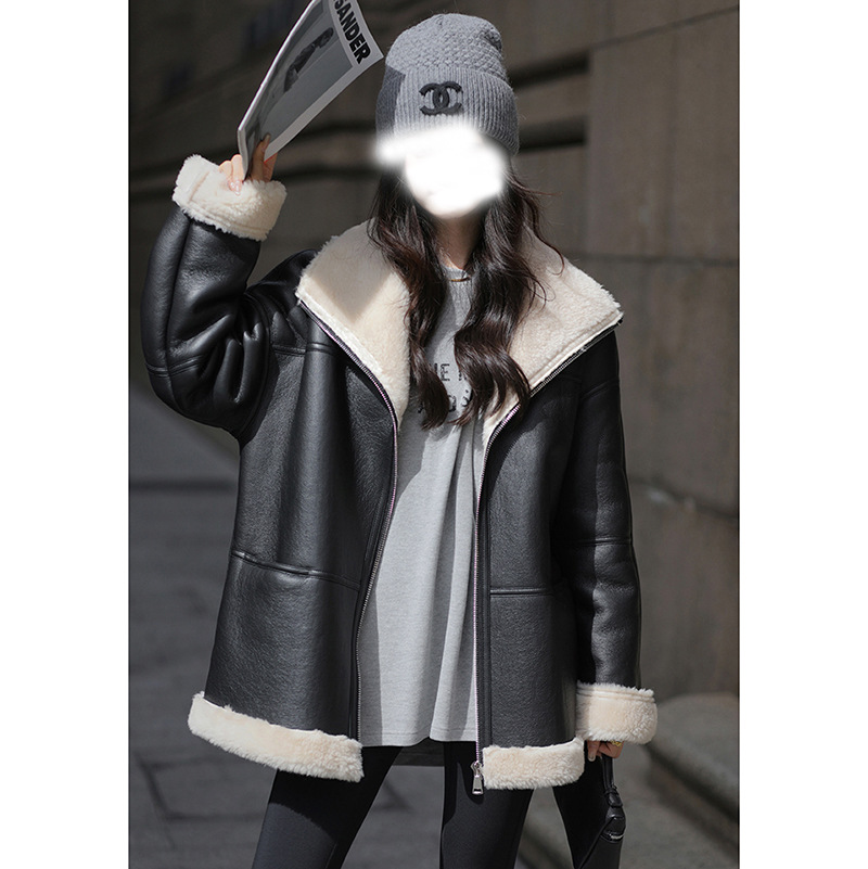 『机车女神』全羊毛大幂幂明星同款皮毛一体外套立翻领中长款2025