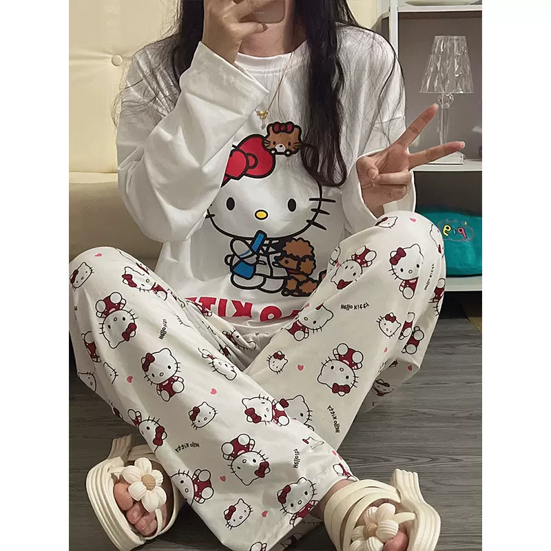 ins可爱凯蒂猫印花长袖睡衣女春秋款2025年新款T恤长裤家居服套装