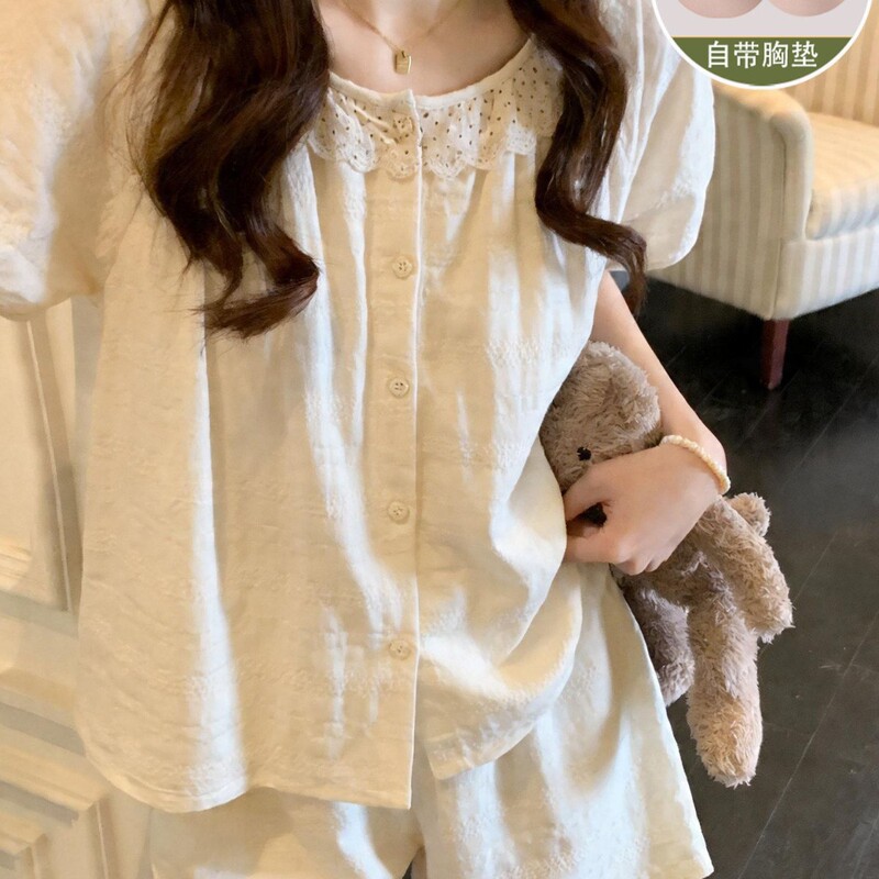 Cross-Border Wholesale Live Broadcast of New Summer Korean-Style Lace Pajamas for Women, Short-Sleeved Shorts, Cardigans, Sweet and Cute, Can Be Worn Outside Cross-Border Wholesale Live Broadcast of New Summer Korean-Style Lace Pajamas for Women, Short-Sleeved Shorts, Cardigans, Sweet and Cute, Can Be Worn Outside