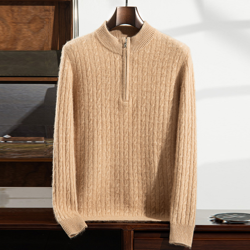 Half-high collar solid color knit sweater, new autumn and winter cashmere sweater, long-sleeved warm pullover cable-knit sweater with stand-up collar
