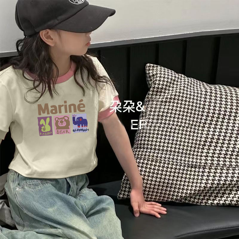 童装女童撞色短袖t恤夏装儿童短款修身韩国小女孩洋气中大童上衣