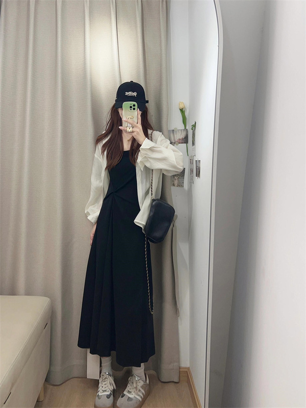 初夏搭配一整套大码宽松显瘦休闲天丝防晒衬衫吊带连衣裙两件套女|undefined