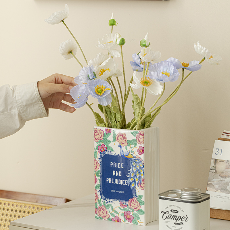 跨境意亚马逊陶瓷花瓶仿真陶瓷书本花瓶花插摆件花瓶创意书形装饰