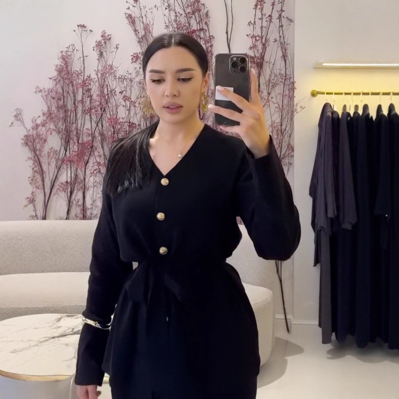 欧美跨境女装2025秋新款V领纽扣开衫长袖针织毛衣外套包臀半身裙|undefined