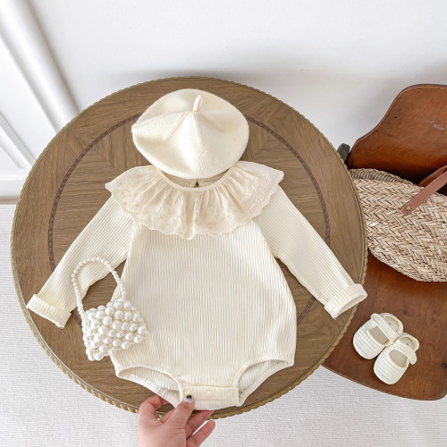 ins baby girl lace collar bag farts spring and autumn clothing baby pure cotton long-sleeved jumpsuit bottoming clothing romper