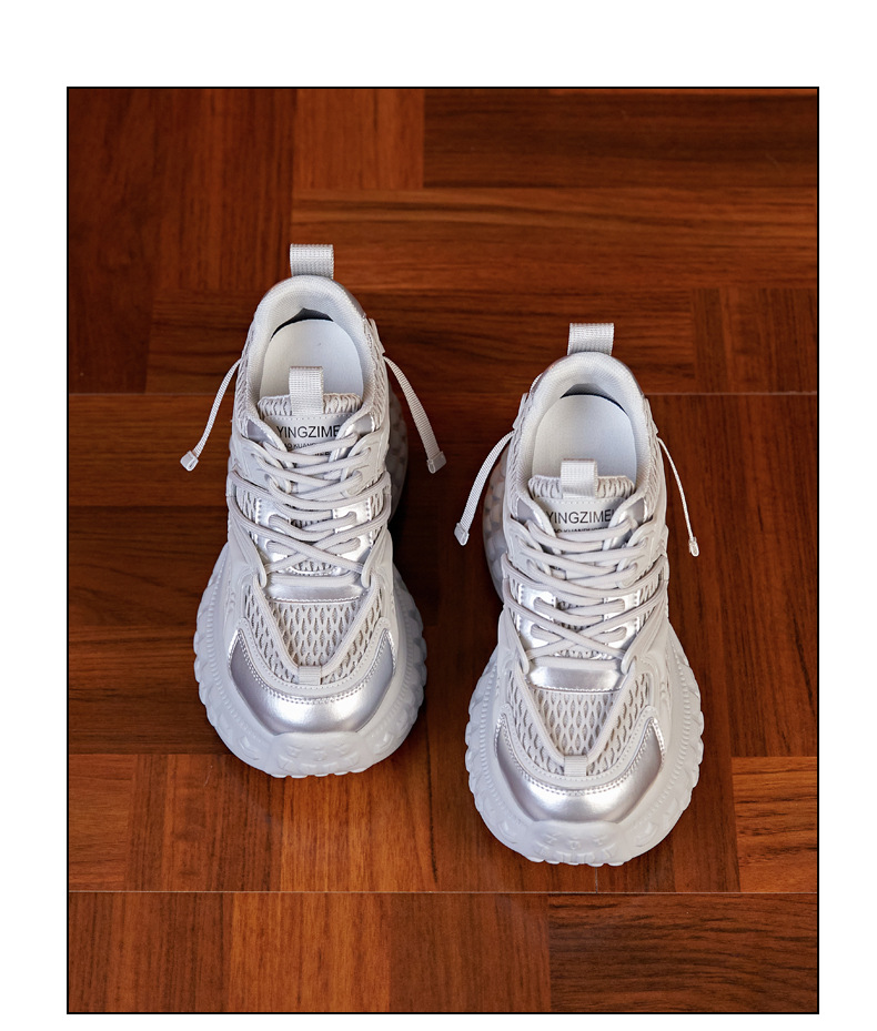 Giày sneaker nữ chunky đế dày độn cao, mặt lưới thoáng khí mùa hè thu — Màu be chi tiết 17