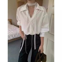 韩系设计感小众POLO领深V配蕾丝飘带衬衫女春季宽松减龄别致衬衣