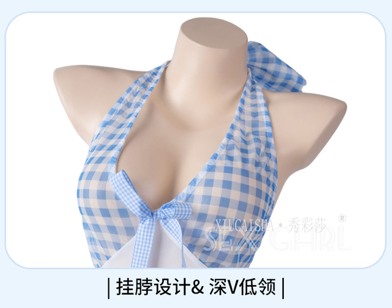 Plus-Size Maid Roleplay Lingerie Set, Blue Plaid Nightgown with Apron, Sleeves, Panties and Bow Stockings — detail image 16