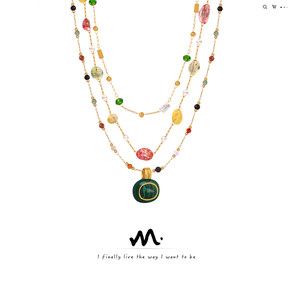 Neue Modepersönlichkeit Nische Titanstahl vergoldet Naturstein Anhänger handgefertigte Perlen Halskette_voghion.com