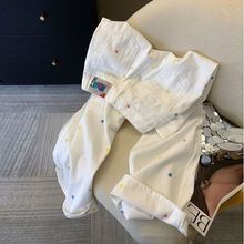 白色碎花刺绣直筒牛仔裤女大码春夏季2025宽松显瘦阔腿休闲拖地裤