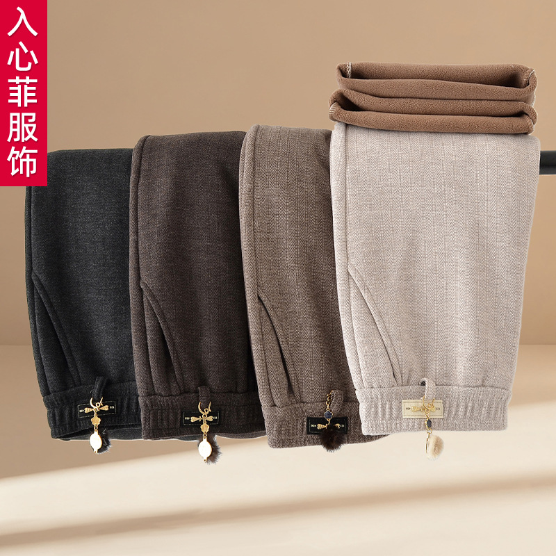 2026 Autumn/Winter Fleece-Lined Woolen Straight-Leg Pants Versatile Warm Long Pants for Middle-Aged and Elderly Women with Elastic Waist and Loose Deep-Crotch Design for Moms