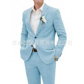 亚马逊爆款外贸新款男士大码西服套装两件套两粒扣亚麻纯色跨境