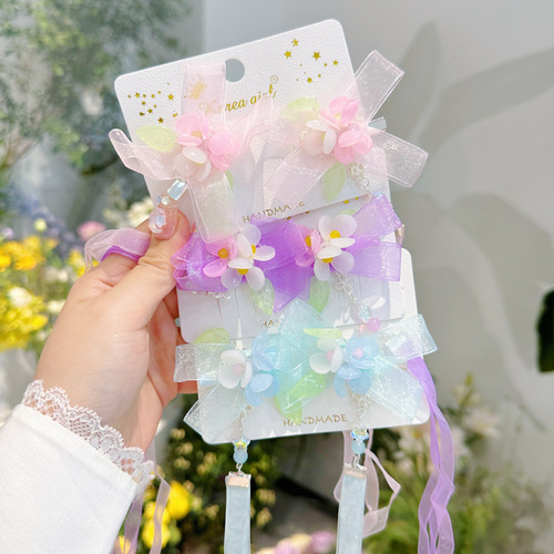 Children's hairpin Chinese style flower ribbon Hanfu clip Exquisite rhinestone bow antique style girls and children's hair accessories