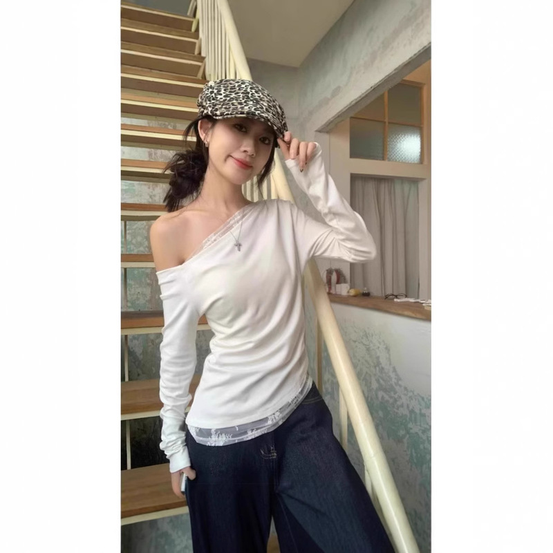 [Factory Outlet] Off-shoulder White Lace Slant Shoulder T-shirt Women's Sweet Spice Girl Slim Shoulder Shirt Top