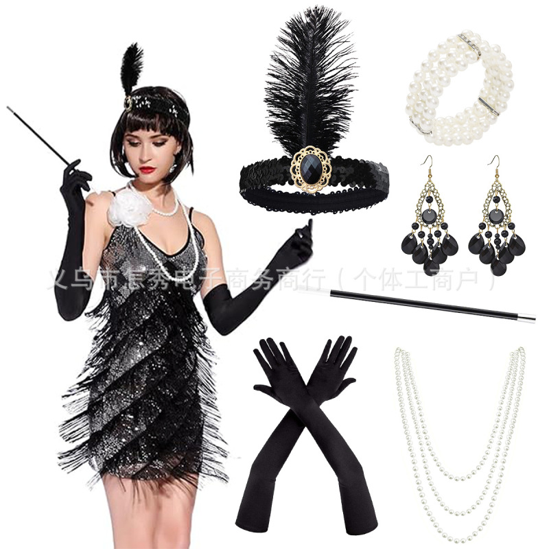 1920S Gatsby Party Necklace Feather Headband Earrings Cigarette Holder Gloves Set Women's Prom Party in Stock
