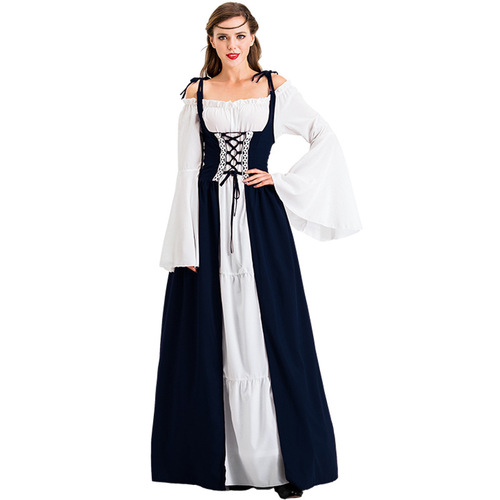 Halloween Costume Amazon European and American Collar Tied Waist Medieval Renaissance Retro Dress