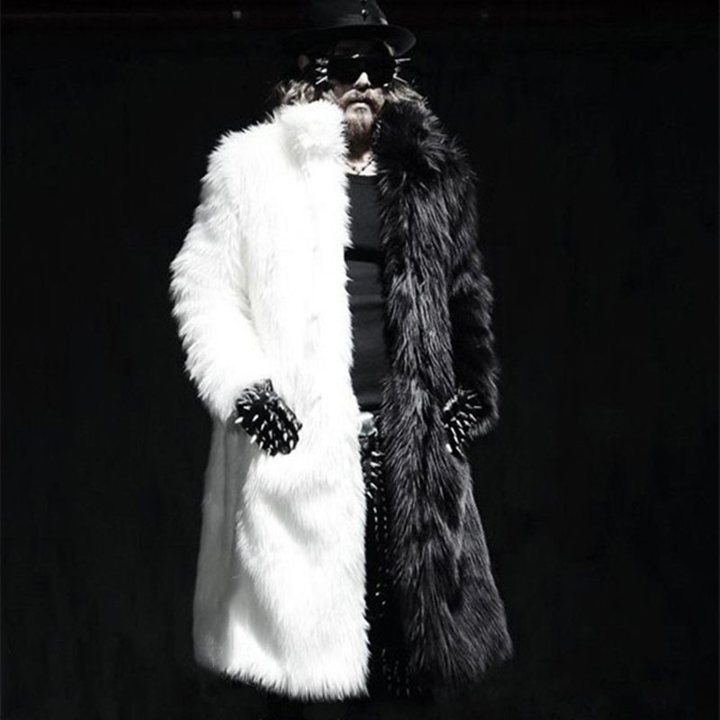 Herrenbekleidung Schwarz-Weiß-Spleißen Herrenpelzmantel Winter neuer Stil warme Mode lange Pelzwindjacke Herrenmantel_voghion.com