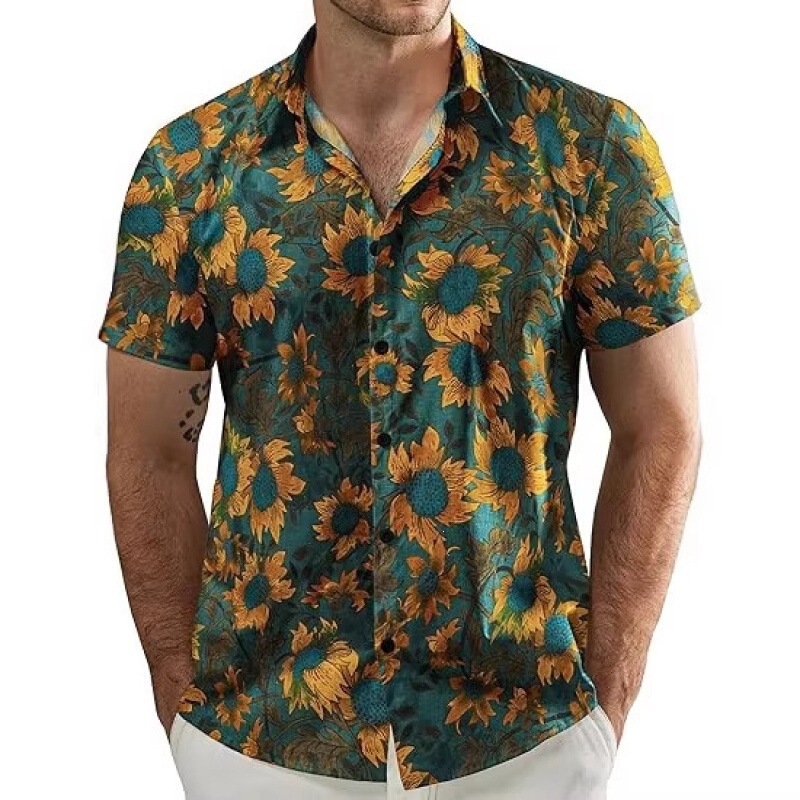 Amazon's Best-Selling European and American Style Bamboo Linen Breathable Short-Sleeved Shirt for Men Cross-Border Summer Sunflower Print Casual Shirt