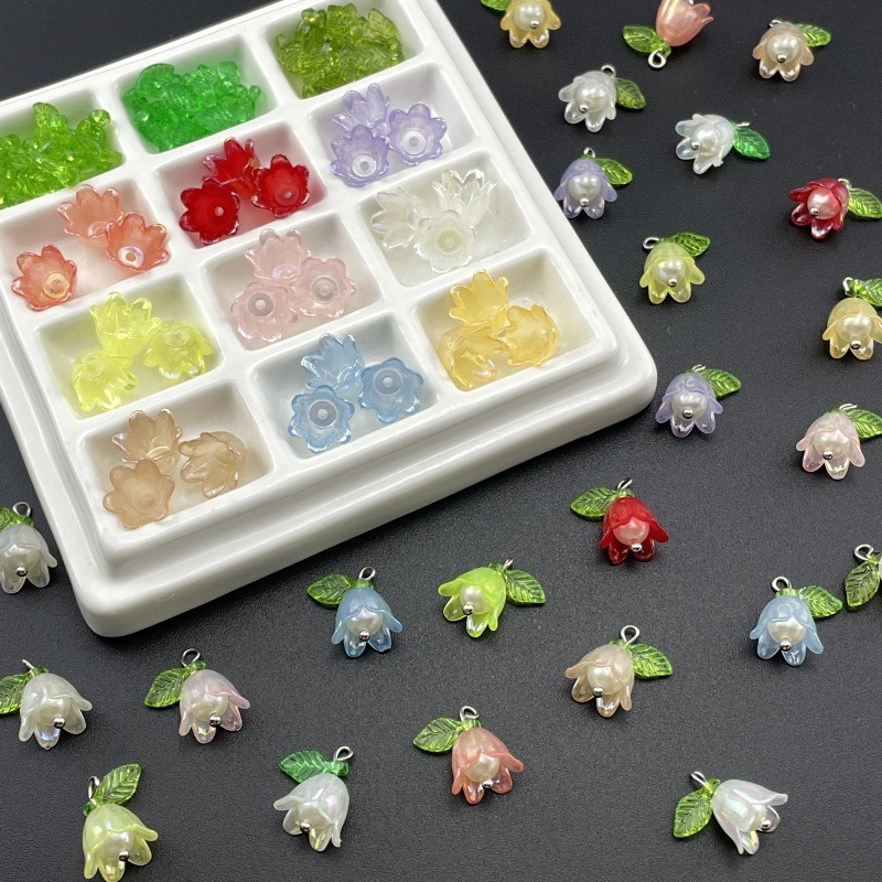 AB炫彩铃兰花仿珍珠喇叭花diy手工珠子叶子材料串珠发簪饰品配件