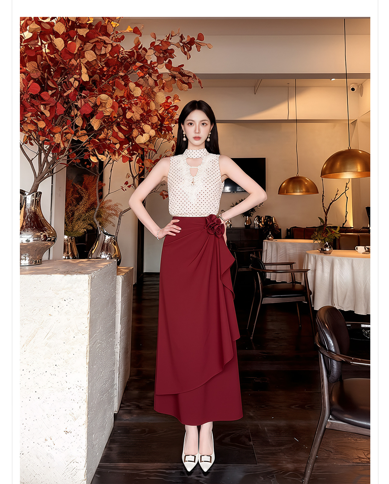 Bộ áo vest và chân váy ngắn họa tiết chấm bi phong cách tân cổ điển mùa hè — Trang phục [Vest+Half Dress], nửa váy, Trang phục [Áo vest+quần short], quần đùi chi tiết 13