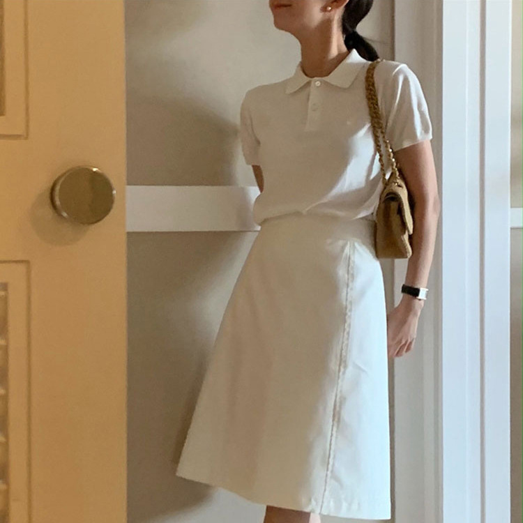 レディース ポロシャツ 丸襟デザインきれいめシンプル半袖ポロシャツ