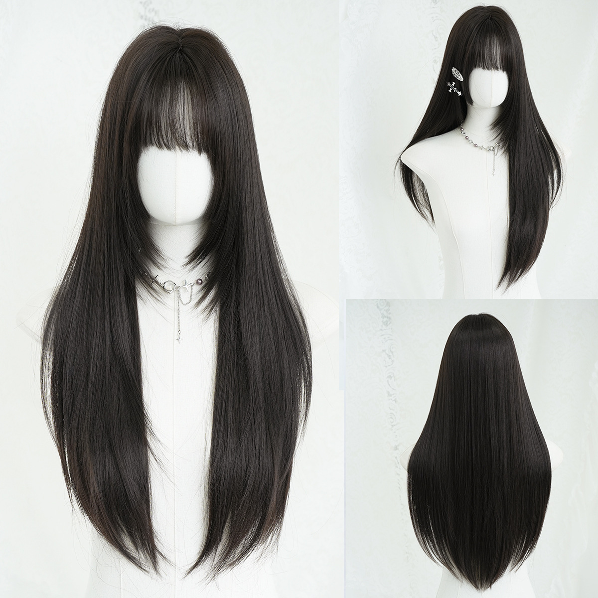 Peruca de moda femenina cara redonda capa de cabello recto super largo cabello negro completo peluca de alta calidad fibra química cubierta de cabeza