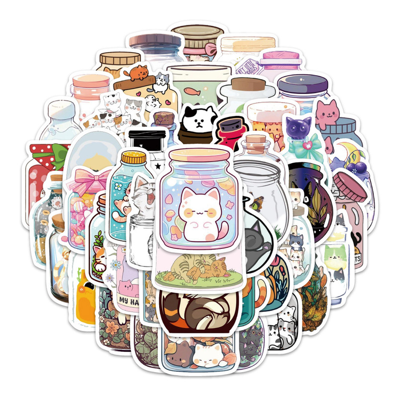 60张猫猫罐头卡通涂鸦贴纸跨境装饰汽车手机壳行李箱儿童贴画批发|undefined