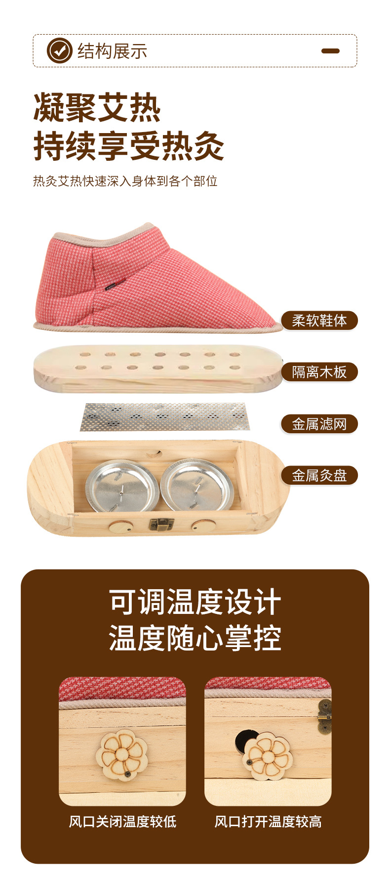 Moxibustion Shoes Solid Wood Foot Warming Moxa Box with 54 Moxa Sticks for Winter Foot Therapy specifications
