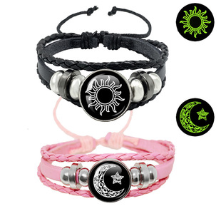 Luminous Sun Moon Lover Time Gem Bracelet Unisex Vintage Handmade Multi-Layer Beaded Woven Leather Bracelet
