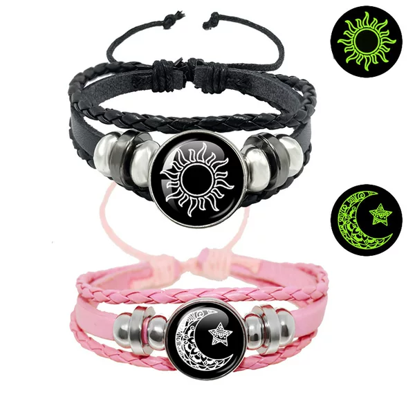 Luminous Sun Moon Lover Time Gem Bracelet Unisex Vintage Handmade Multi-Layer Beaded Woven Leather Bracelet