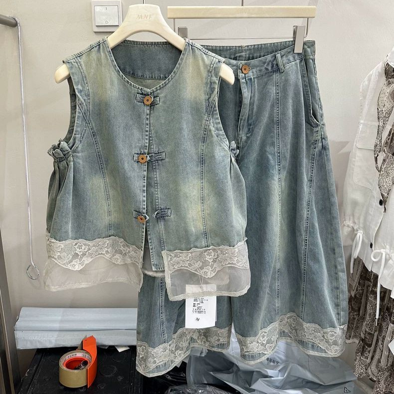 Forest-Style Retro Lace Patchwork Denim Button-Up Vest and Wide-Leg Pants Set for Women, Summer 2026 New Two-Piece Set