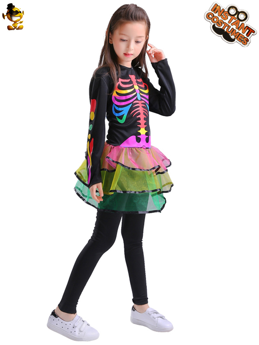 Halloween niños de las mujeres colorido fantasma hueso cráneo vestido etapa rendimiento ropa partido Cosplay ropa
