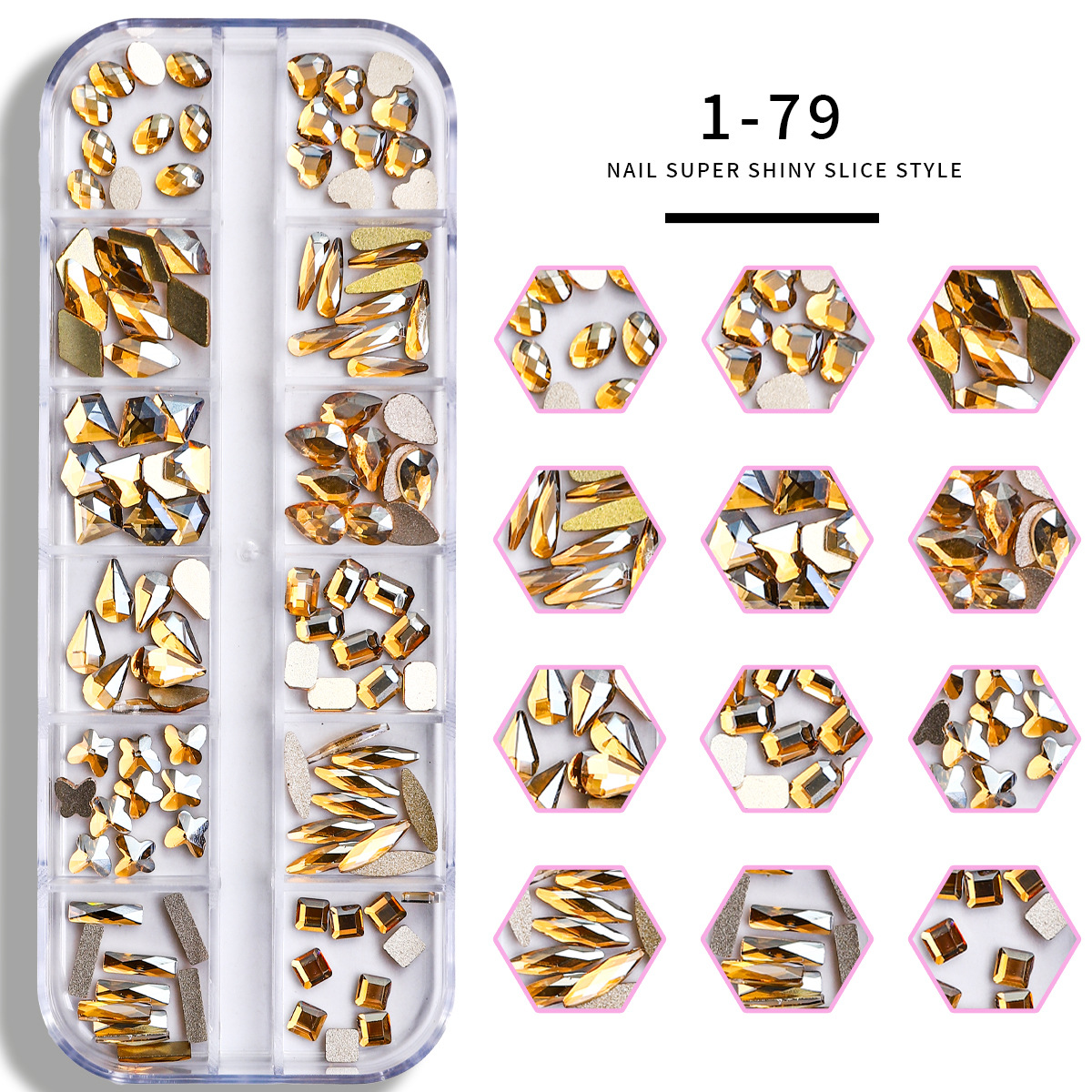 Set de joyas de uñas 12 barras de joyas taladro de uñas largo taladro de fondo plano mezclado taladro de forma especial superbrillante accesorios de uñas