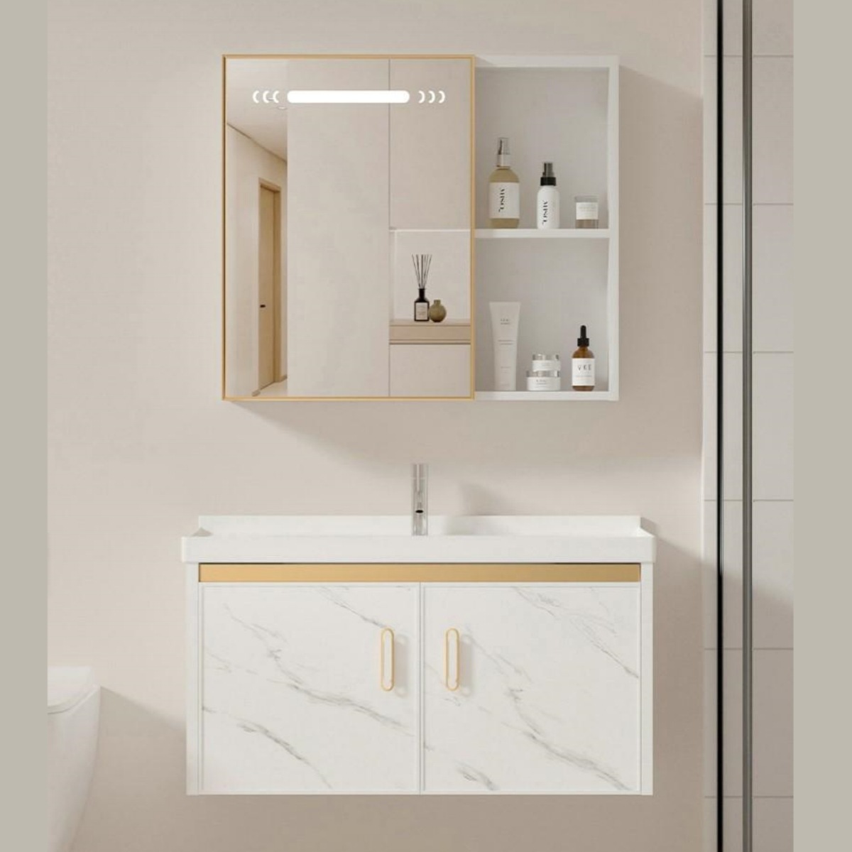 gabinete de baño de aluminio espacial de casa pequeña, lavabo de baño combinado, lavabo de cerámica, lavabo cerámico, lavabo cerámico, lavabo cerámico