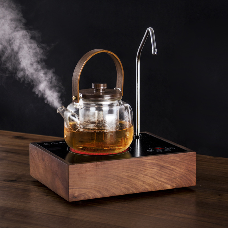 Automatic Water Supply Electric Ceramic Stove Household Tea Stove Small Glass Water Kettle Steaming Teapot Utensils Black Walnut Set