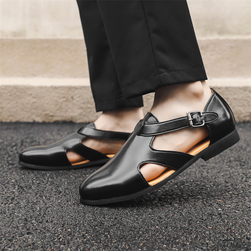 Cross-border plus size Sandals Men's Summer Breathable Hollow-out Roman Buckle Leather Sandals Men's Business Breathable All-match Leather Sandals
