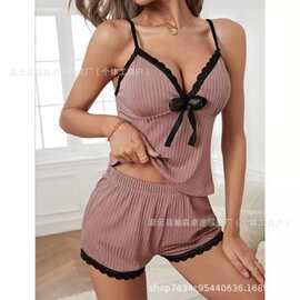 欧美跨境性感露胸吊带深V蕾丝女士睡衣Pajamas家居服套装厂家直发