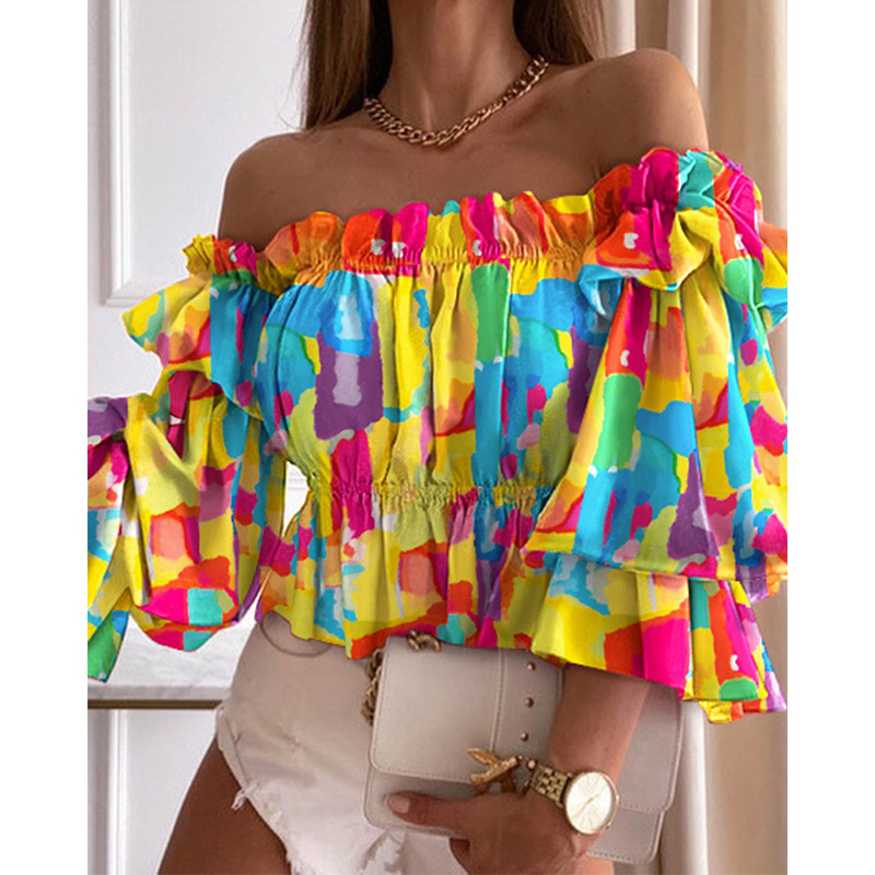 Printed Off Shoulder Ruffle Sleeve Shirt in Blouses & Shirts