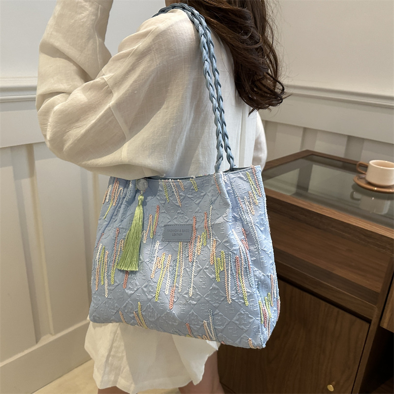 Bolsa de lona bordada a rayas de gran capacidad para mujeres 2024, nueva bolsa de hombro para estudiantes universitarios de clase