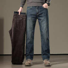 秋冬加绒加厚复古直筒牛仔裤宽松大码爸爸长裤加绒中老年保暖长裤