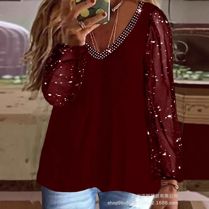 Cross-border new Amazon wish V-neck hot diamond top ruffled long-sleeved V-neck casual daily vacation