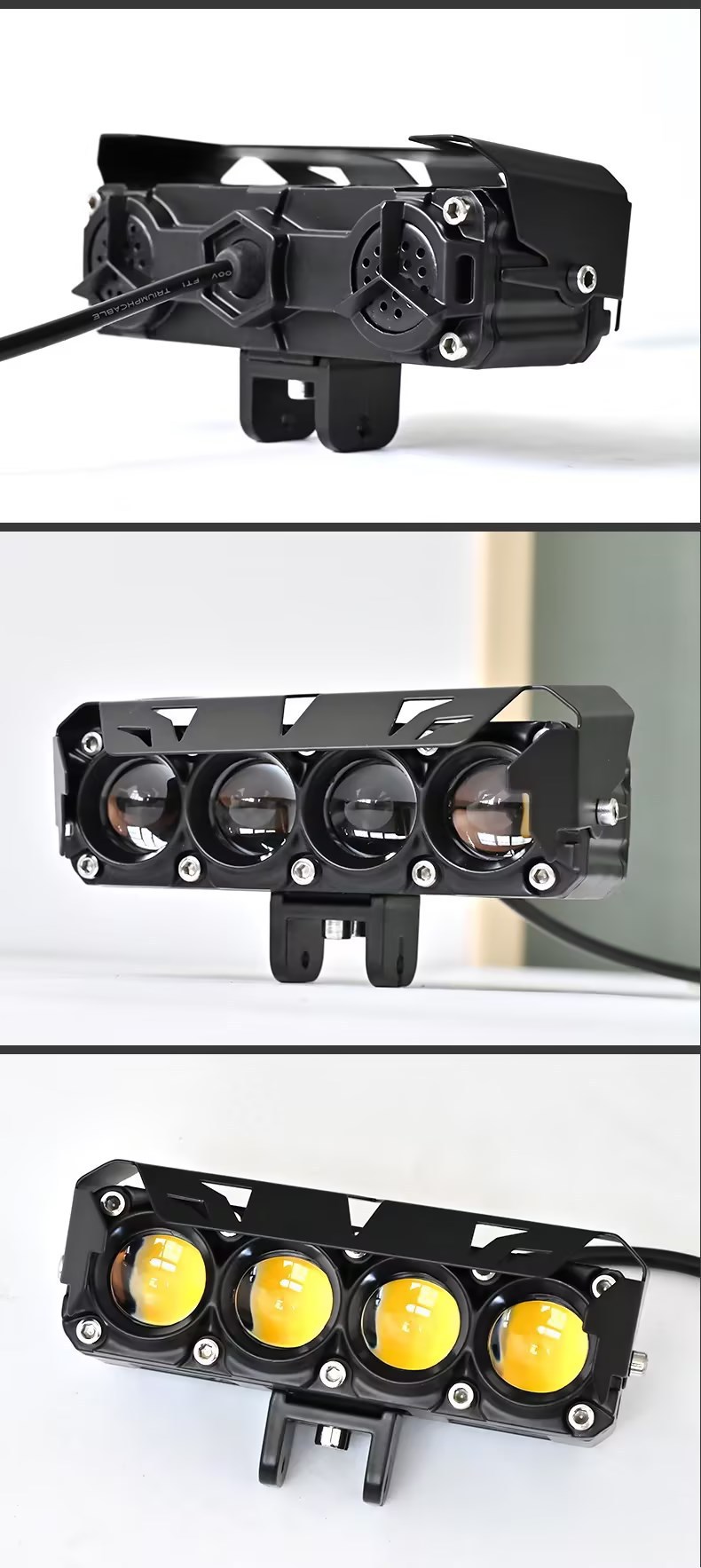Motorcycle Spotlight with Three Lenses, Fan, Dual-Color Led Headlight, High and Low Beam, Super Bright Electric Motorcycle Headlight