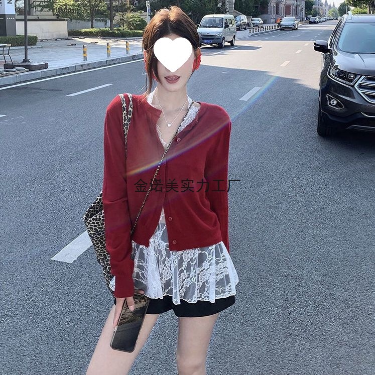 氛围感红色毛衣外套女早秋小个子针织开衫上衣内搭蕾丝打底两件套